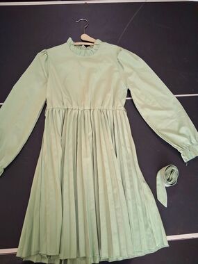 SHEIN Mint Green Pleated Long Sleeve Dress with Ruffle Neck